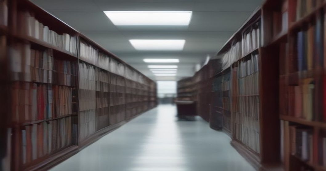 Library exit with slim electromagnetic security gates on either side of the walkway and bookshelves behind